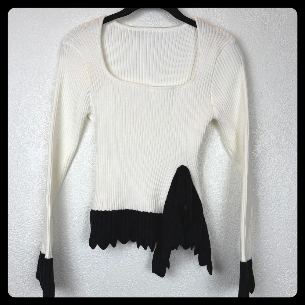 Balletcore Bow Coquette Girl Ribbed Knit Square Neck Sweater Ruffle Hem